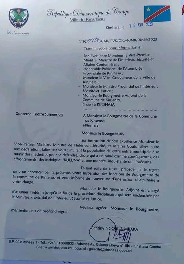 Lettre de suspension du bourgmestre de Kisenso 