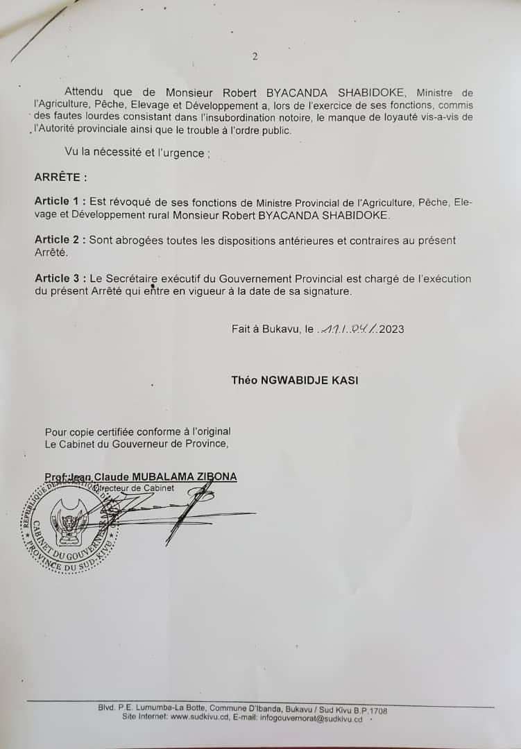 L'arrêté de la révocation 