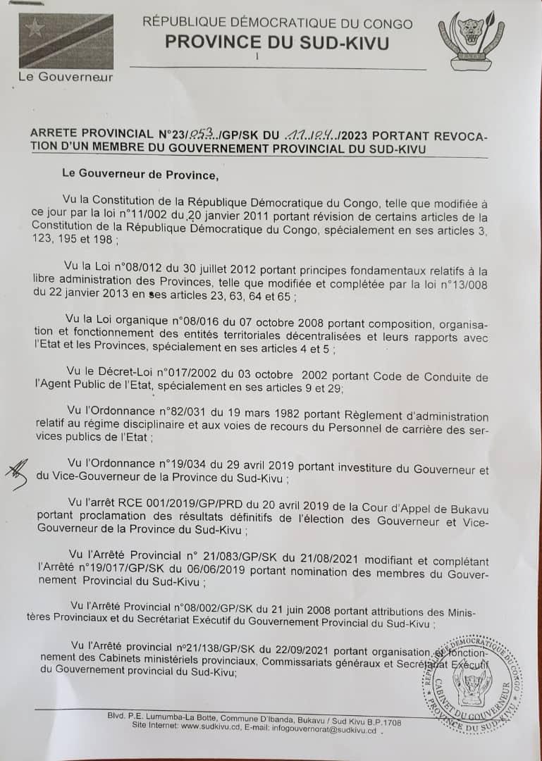 L'arrêté de la révocation 