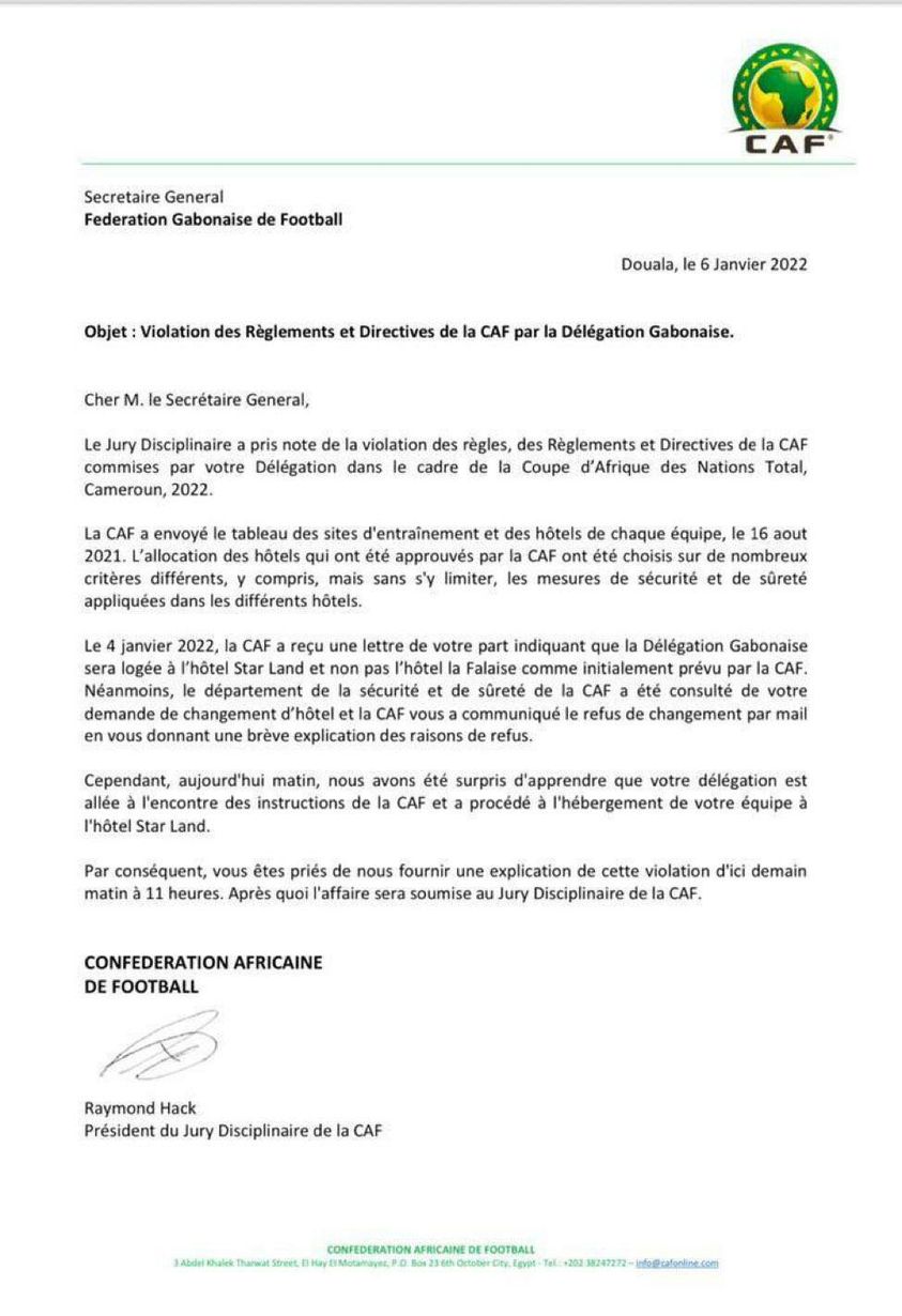 Correspondance CAF à la Fédération gabonaise de football