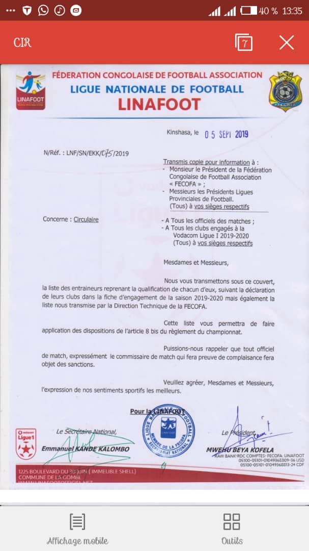 Capture du communiqué publié par la Linafoot