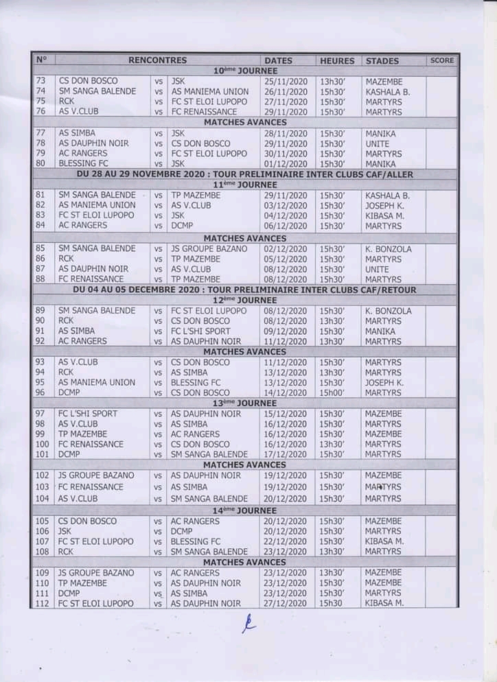 Suite calendrier Linafoot