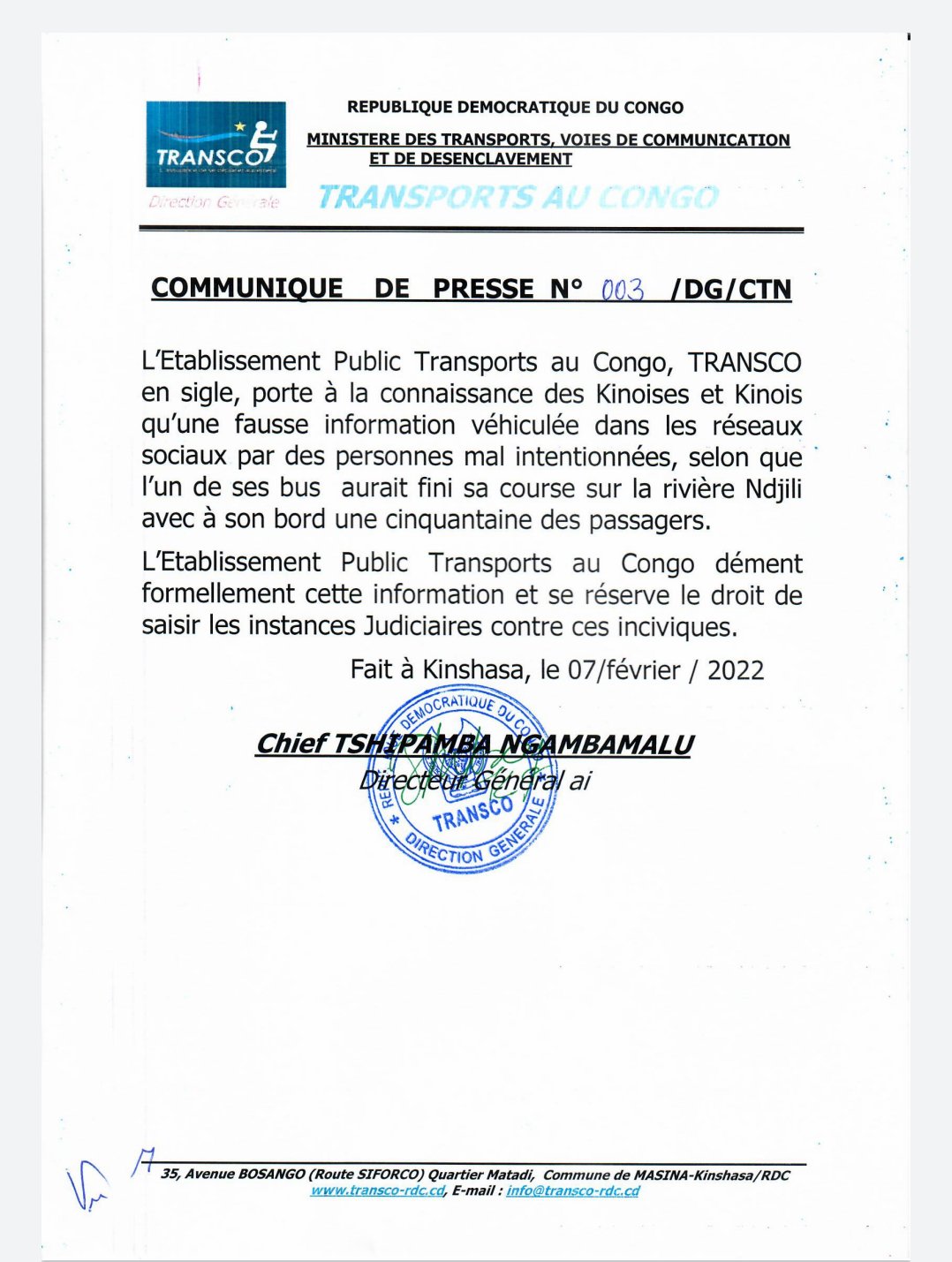 Communiqué Transco