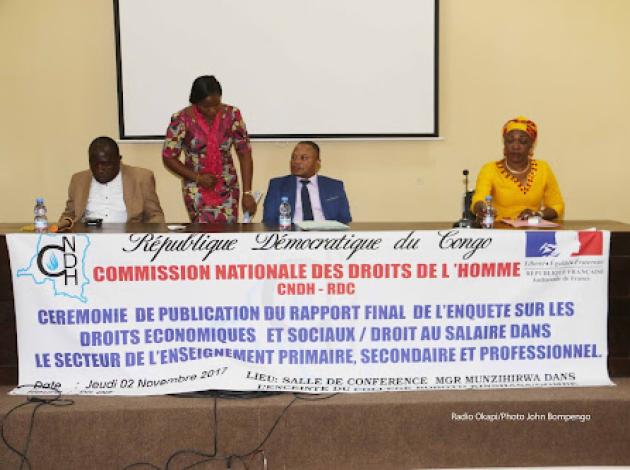 Cérémonie de publication d’un rapport sur le droit au salaire dans le secteur de l’enseignement primaire secondaire et professionnel par la Commission nationale des droits de l’homme(CNDH) à Kinshasa, le 02/11/2017. Radio Okapi/Ph. John Bompengo