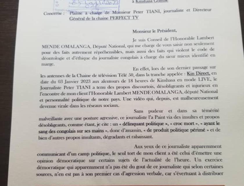 Plainte de Lambert Mende contre Piter Tiani 