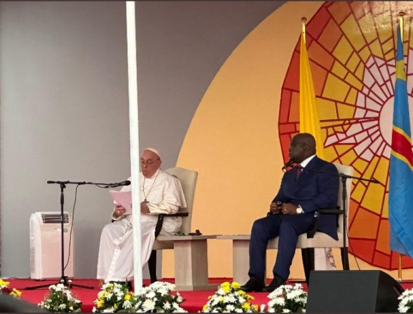 Le pape François au côté de Félix Tshisekedi, lors de son discours mardi 31 janvier 2023, au Palais de la nation à Kinshasa