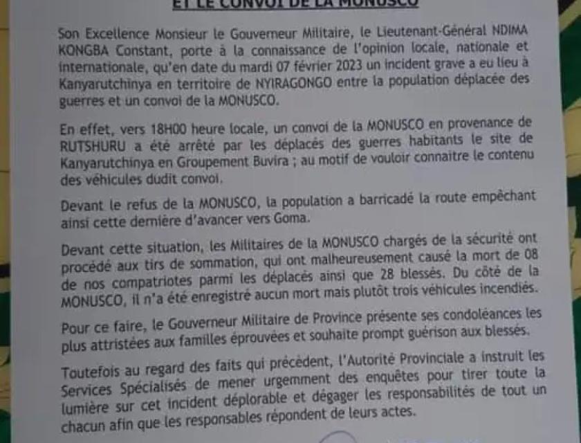Communiqué officiel de gouvernorat du Nord-Kivu 