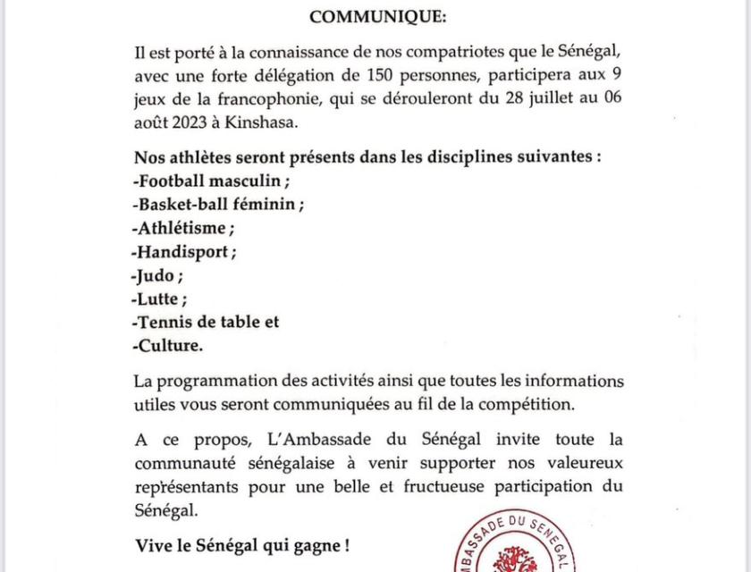 Communiqué  de l'ambassade de Sénégal sur la participation de son pays au 9 ème jeux de la Francophonie/ photo prise sur le compte tweeter de l'ambassade du Sénégal 