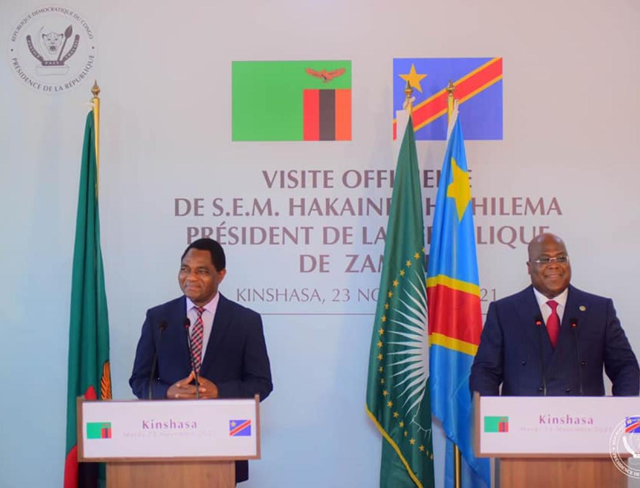 Le président congolais Félix-Antoine Tshisekedi Tshilombo et son homologue zambien Hakainde Hichilema 