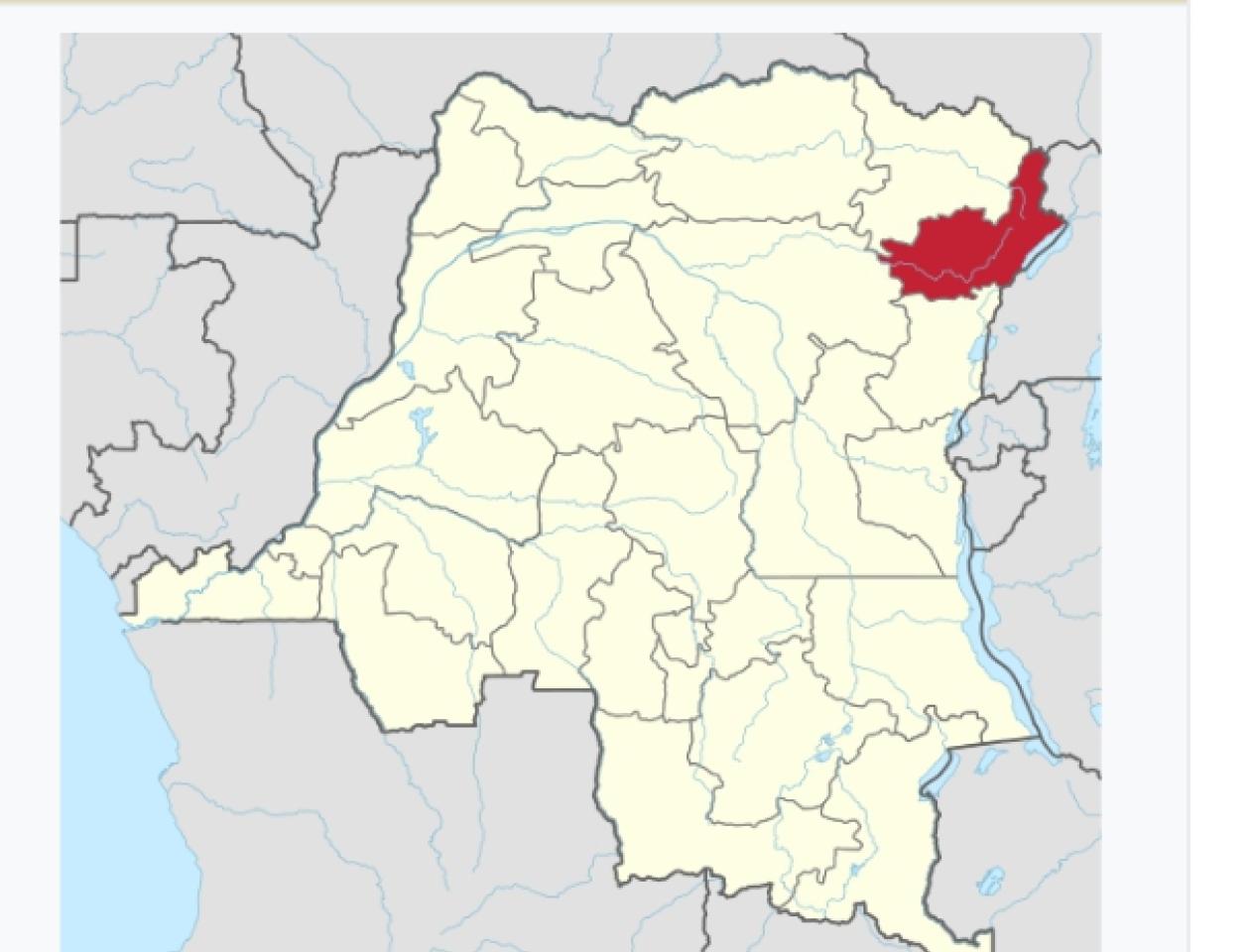 La carte de la RDC, localisation de l'Ituri en rouge. Wikipédia