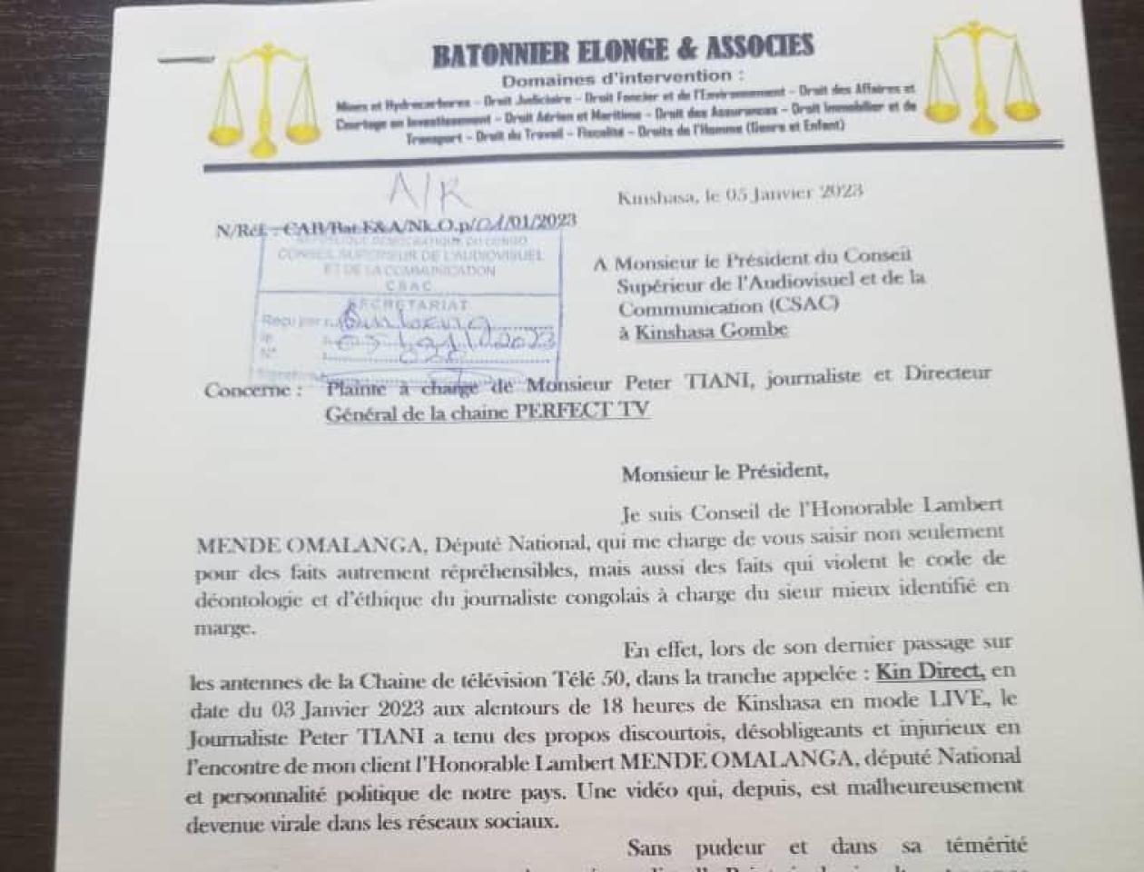 Plainte de Lambert Mende contre Piter Tiani 