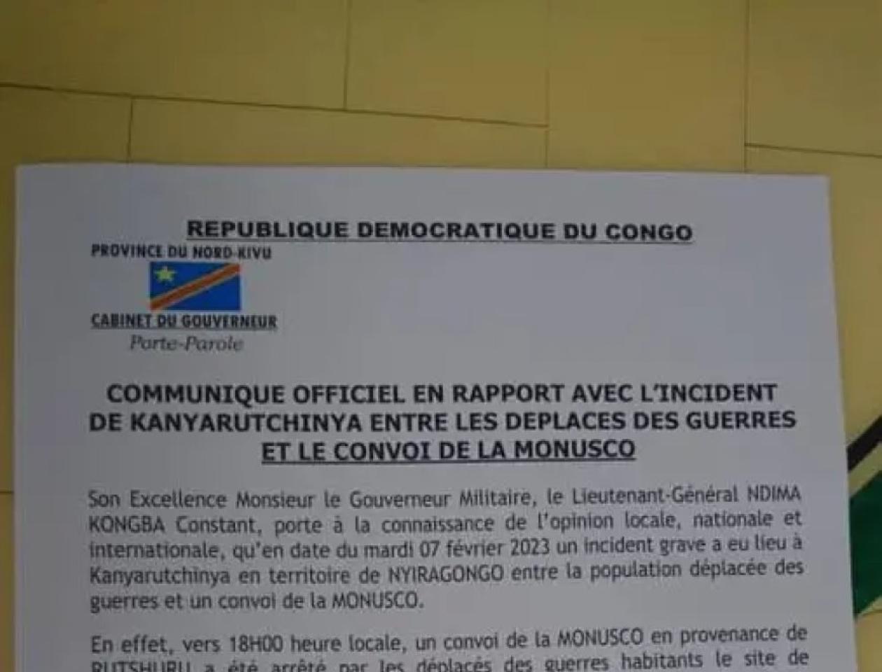 Communiqué officiel de gouvernorat du Nord-Kivu 