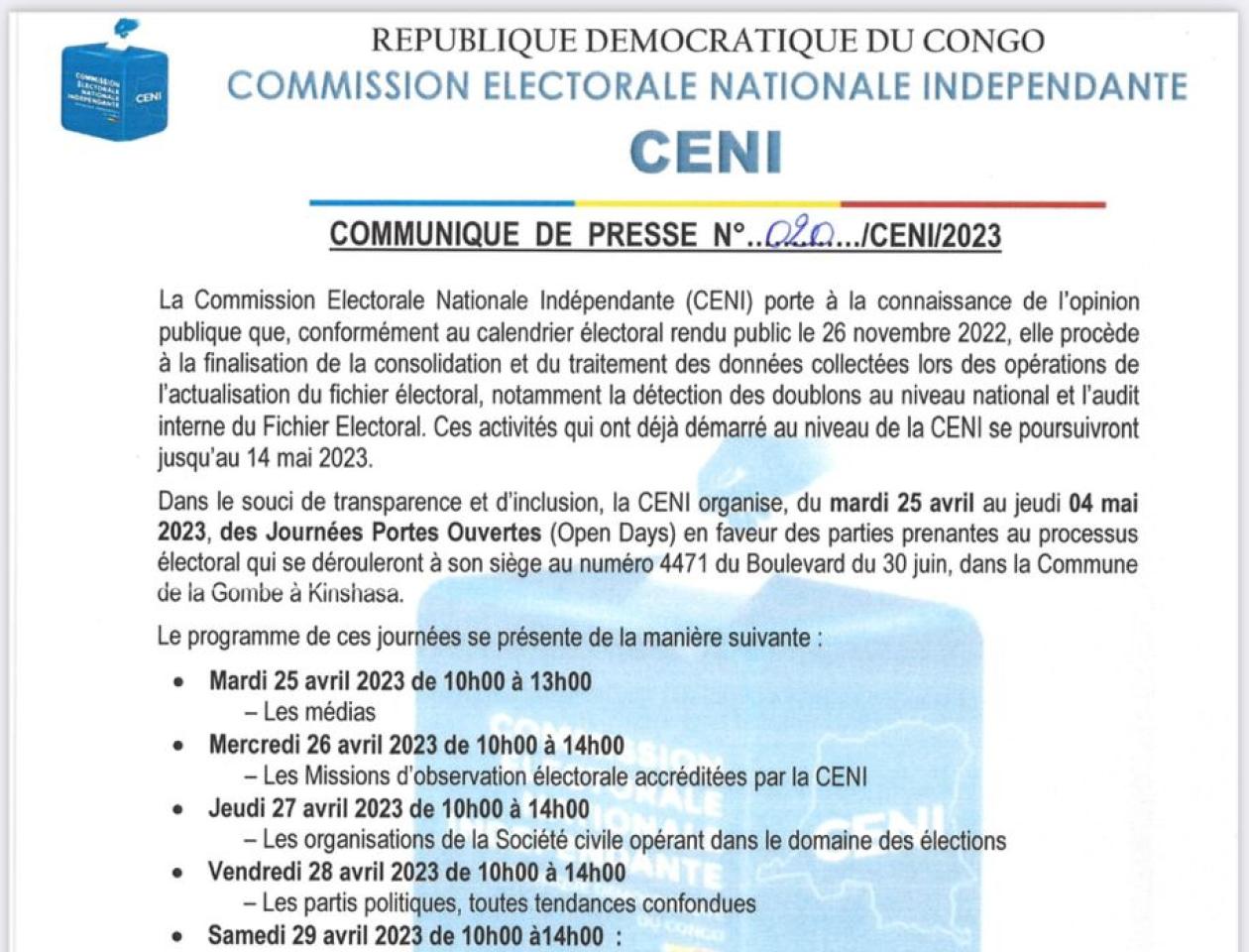 Communiqué de presse de la CENI sur les journées portes ouvertes 