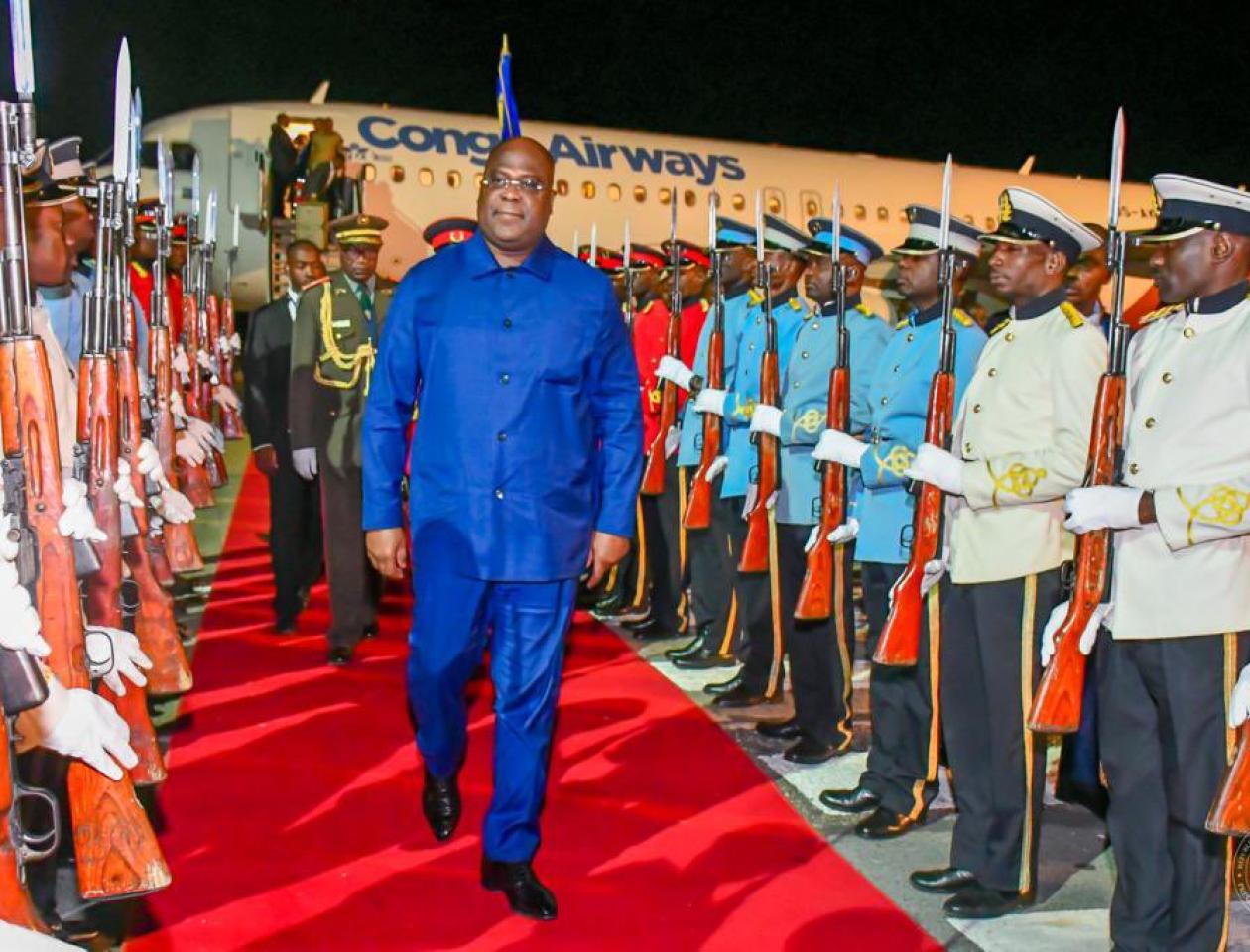 Le Président de la République, Félix TSHISEKEDI lors de son arrivé à l'aéroport d'Hosea Kutako International de windhoek en Namibie le dimanche 07 mai 2023.